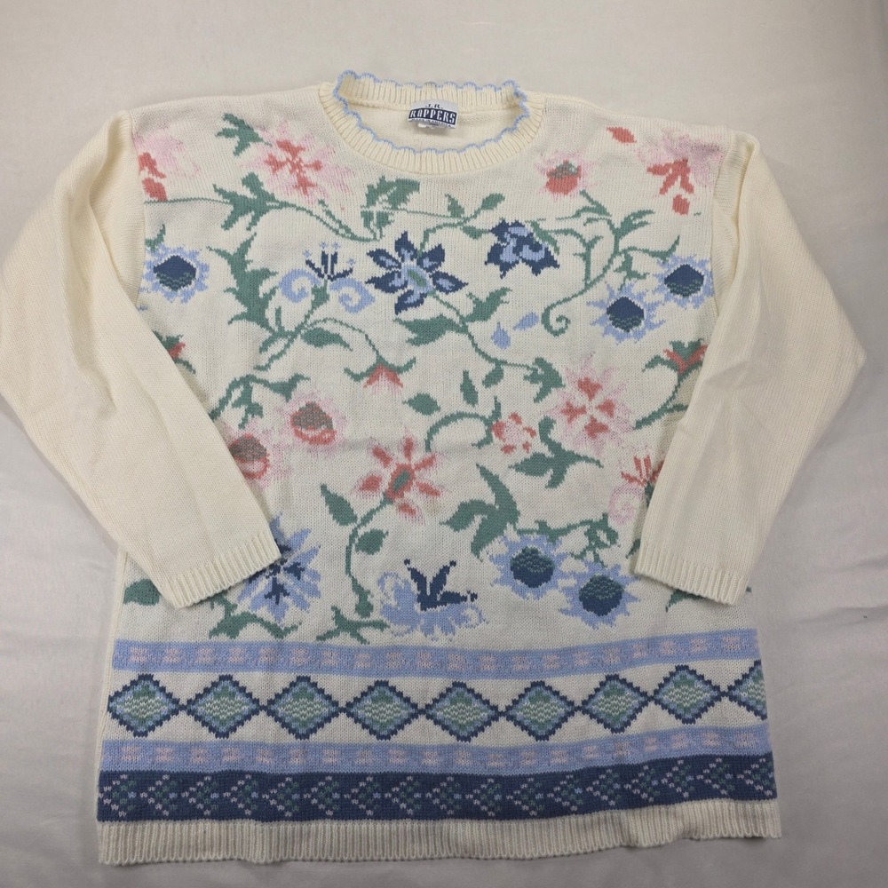 Vintage J.R. Rappers Cream Floral Knit Sweater Pastel Cottagecore Made in USA S